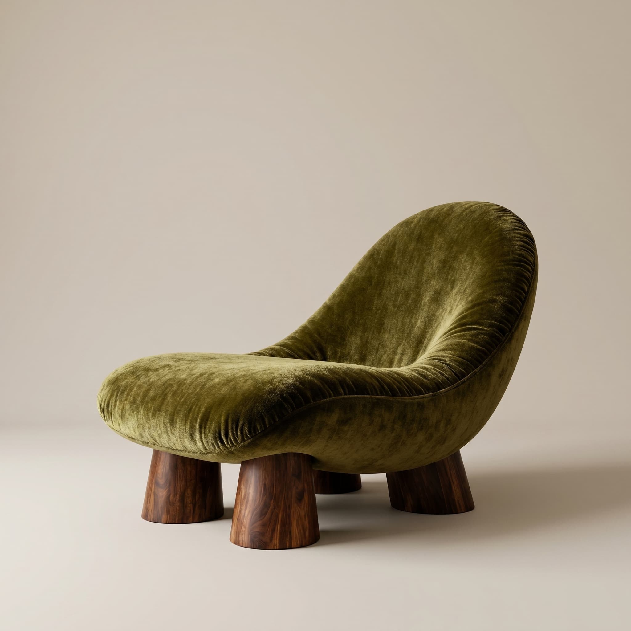 Foto de catálogo de un sillón de terciopelo verde oliva con patas de madera oscura