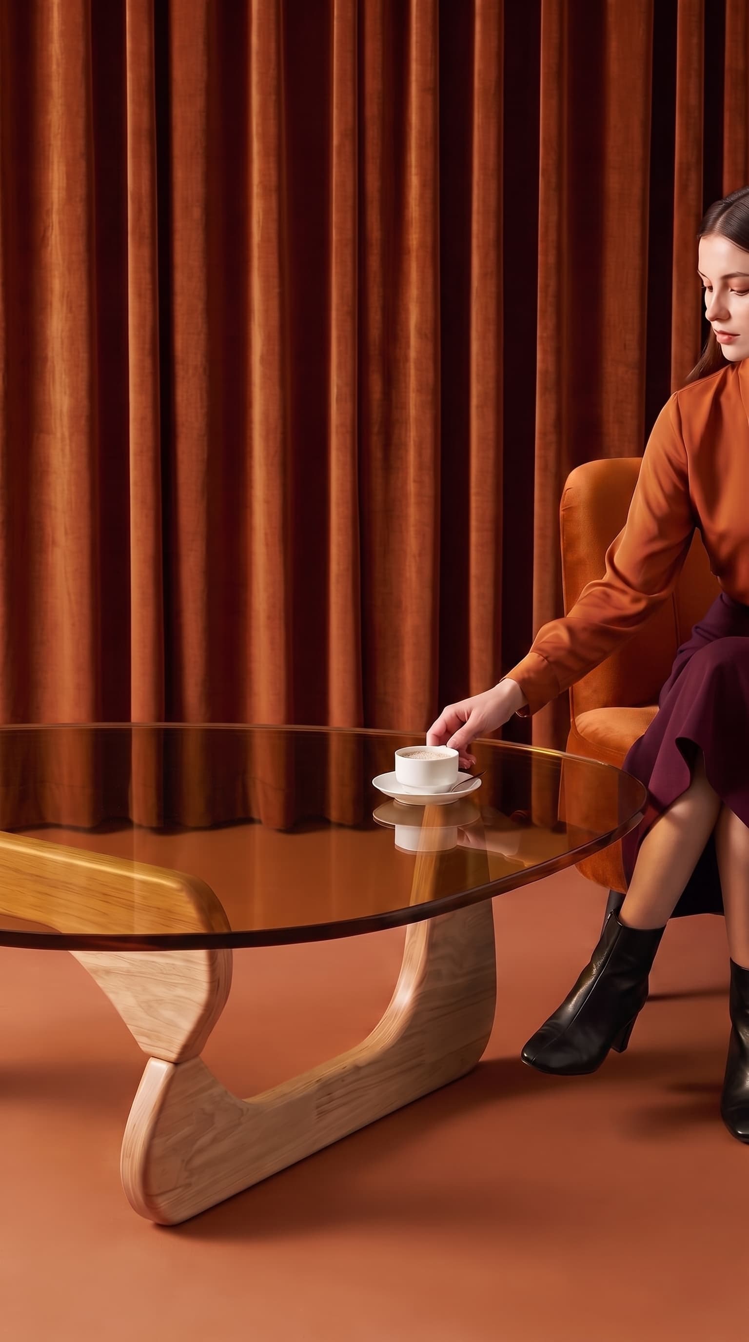 Same coffee table in a warm terracotta room with velvet drapes and a seated guest