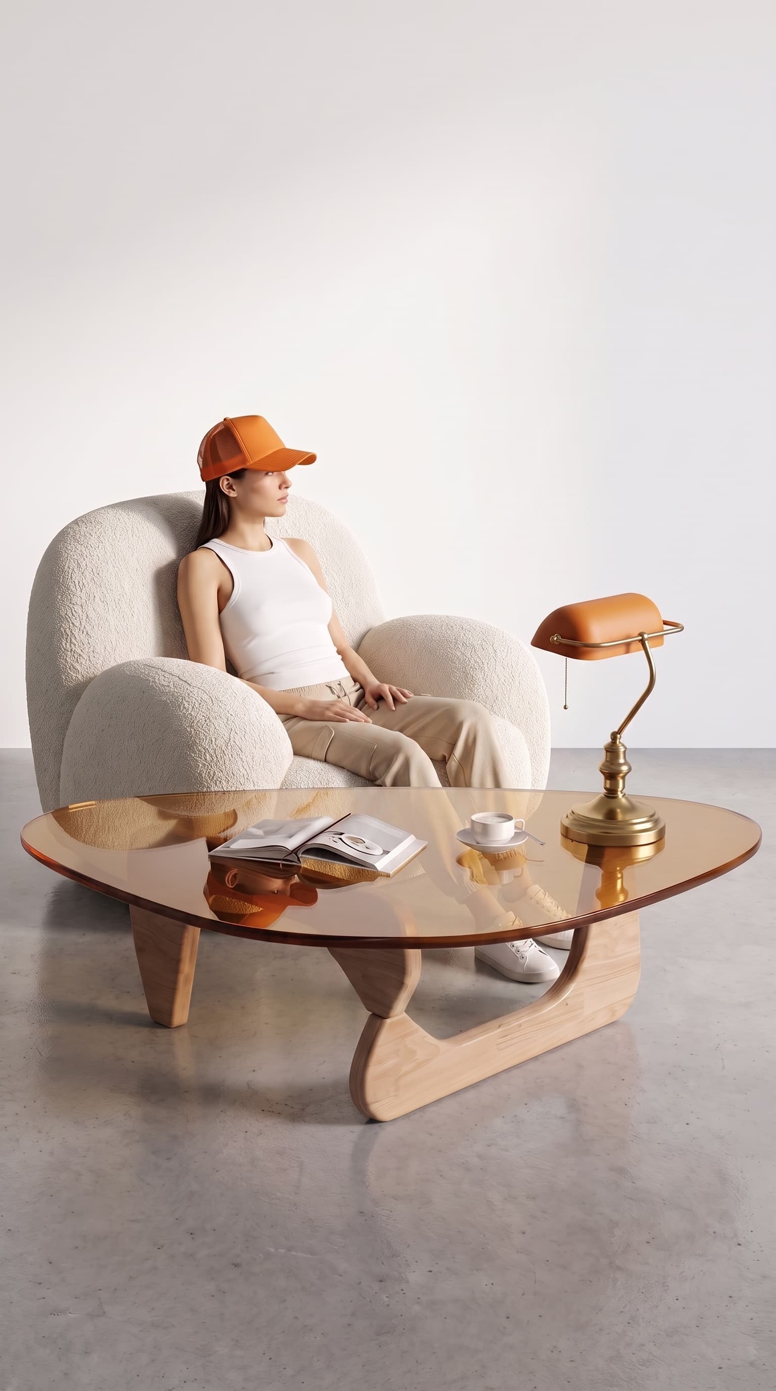Same coffee table beside a white bouclé armchair with magazine and banker lamp