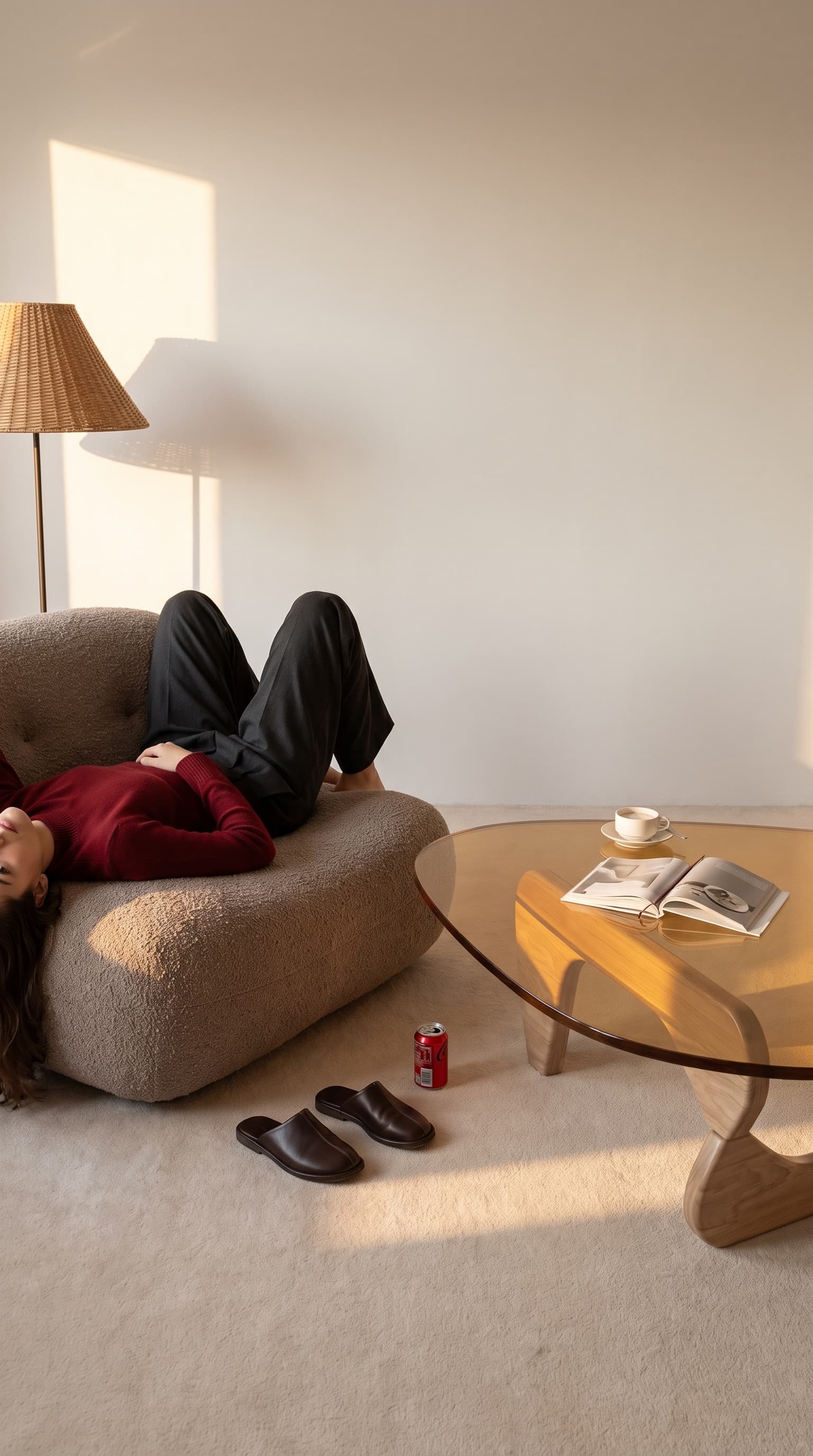 Same coffee table in a sunlit lounge with a person resting on a beige sofa