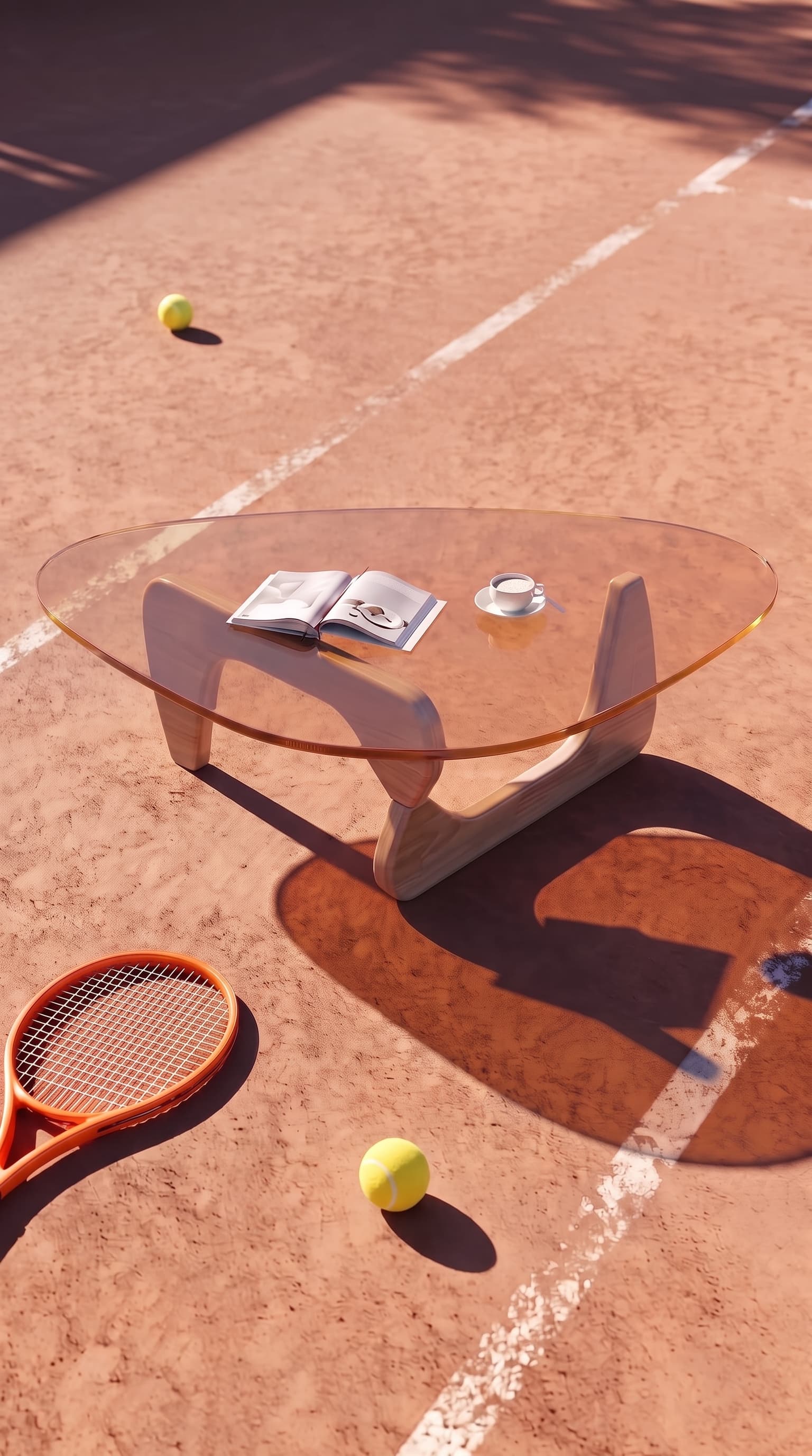 Same coffee table placed on a red clay tennis court with racket and balls