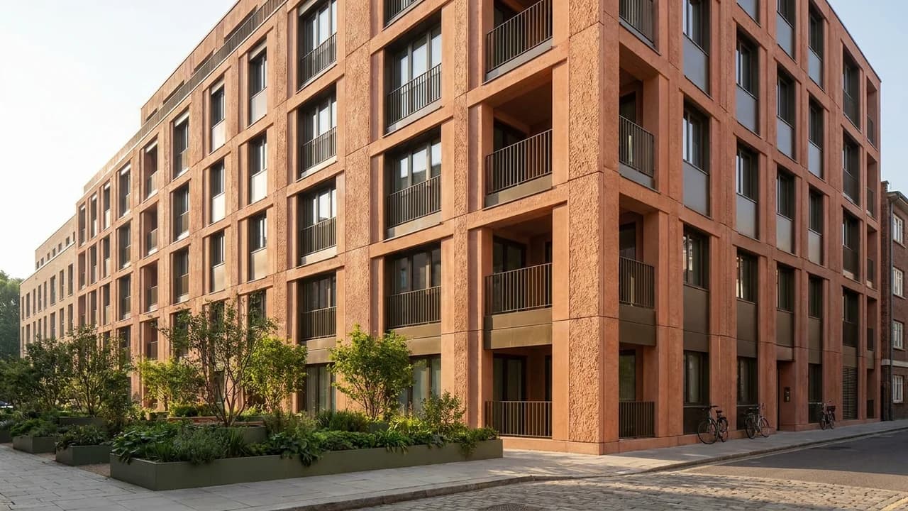 A brick apartment facade with recessed balconies
