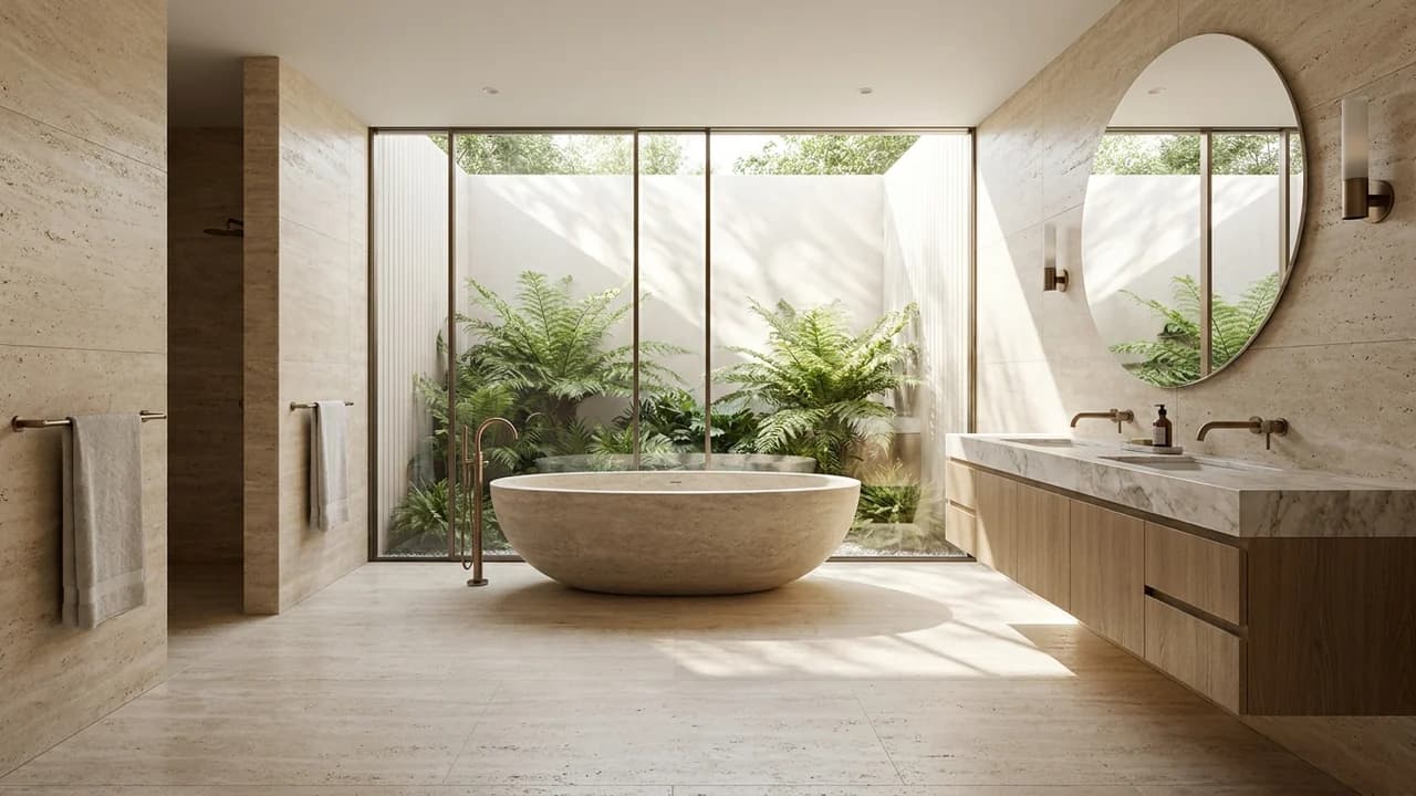 A garden-facing bathroom in pale stone