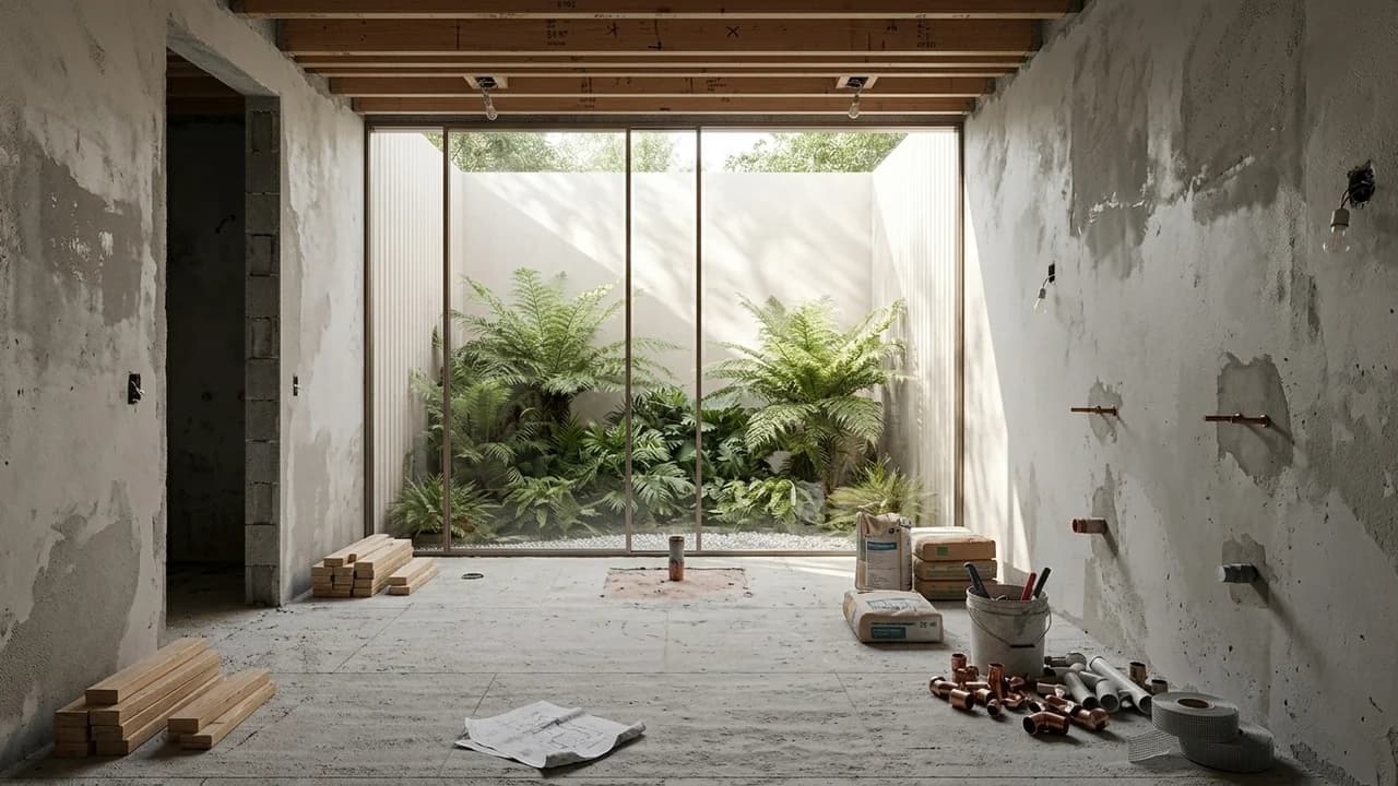 Unfinished-space study: A garden-facing bathroom in pale stone