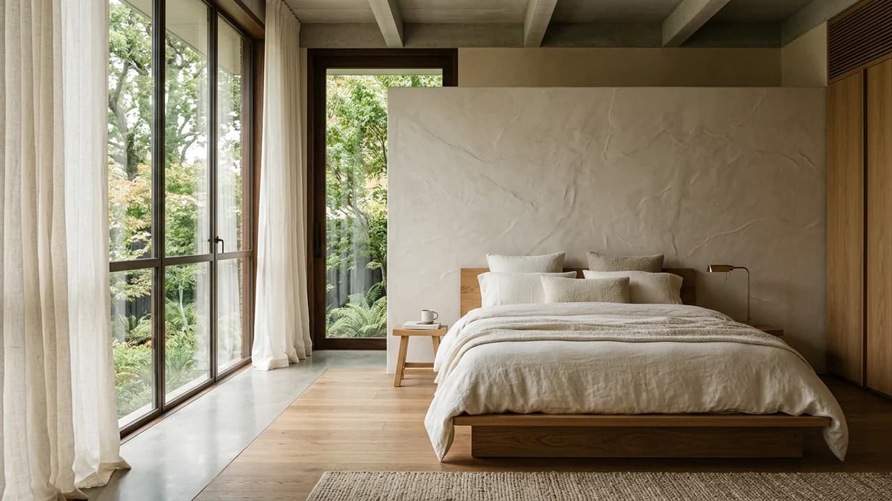A quiet bedroom in oak, linen and plaster