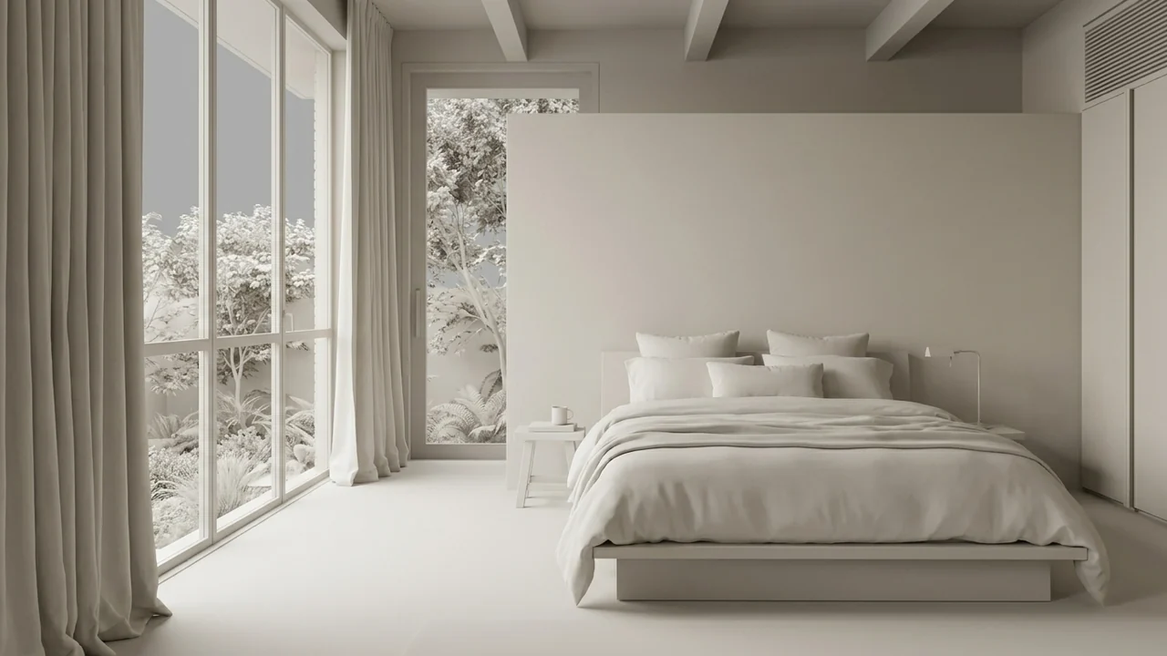 Volume study: A quiet bedroom in oak, linen and plaster