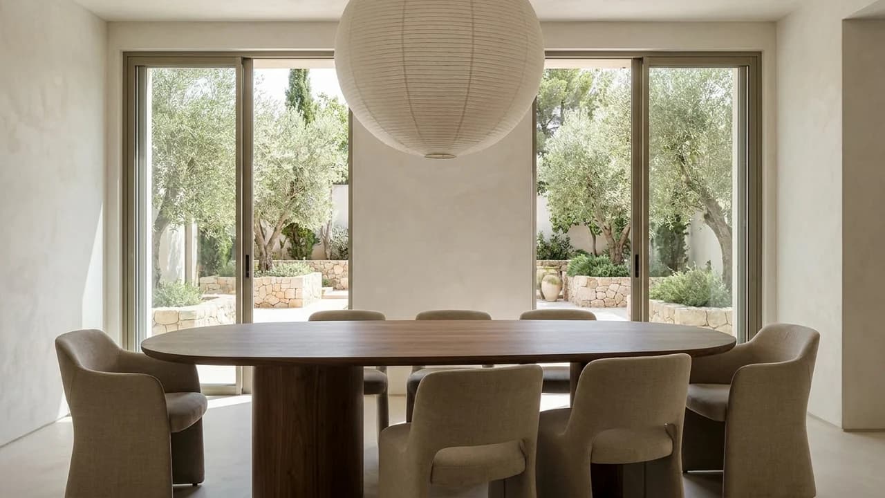 A timber dining table under a paper pendant