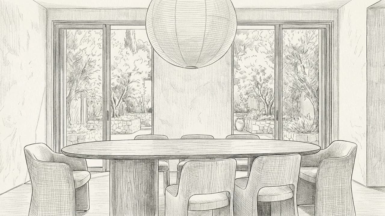 Sketch study: A timber dining table under a paper pendant
