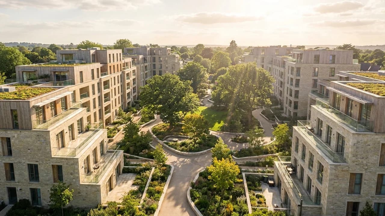 A planted pedestrian route through a residential district