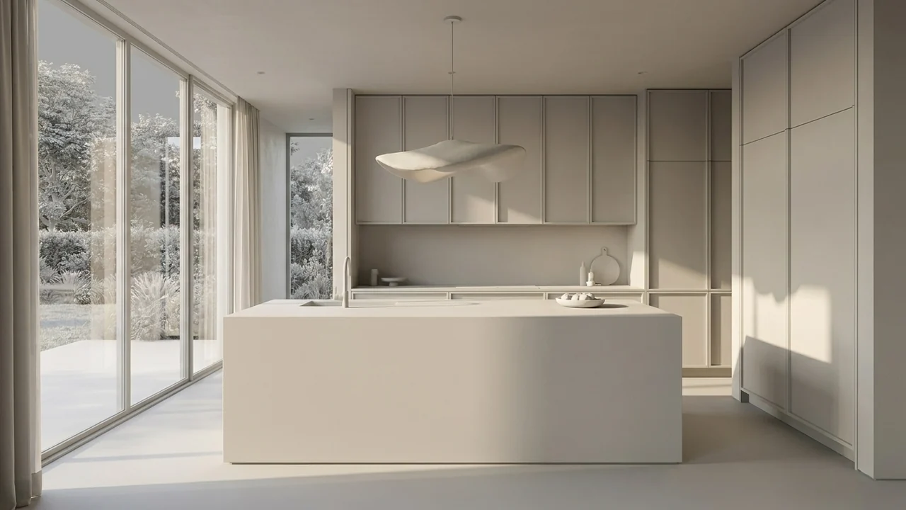 Volume study: Oak cabinetry around a pale stone island