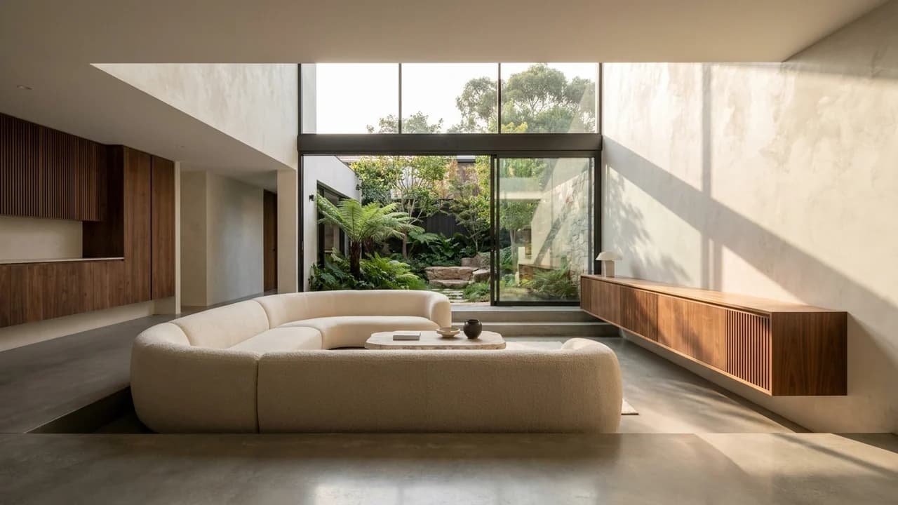 A sunken lounge opening onto a courtyard