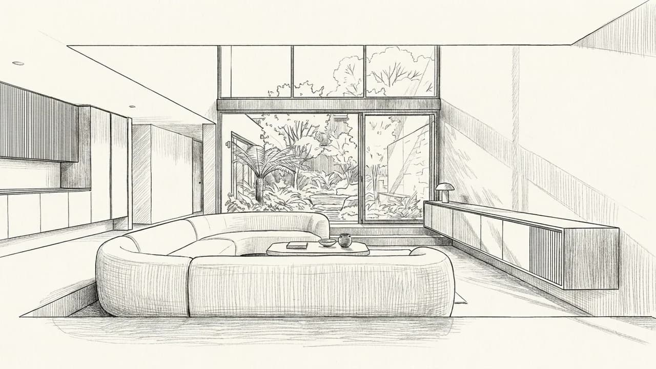 Sketch study: A sunken lounge opening onto a courtyard