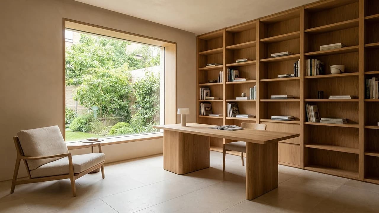 An oak-lined home office beside a picture window