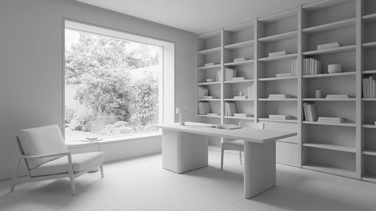 Volume study: An oak-lined home office beside a picture window