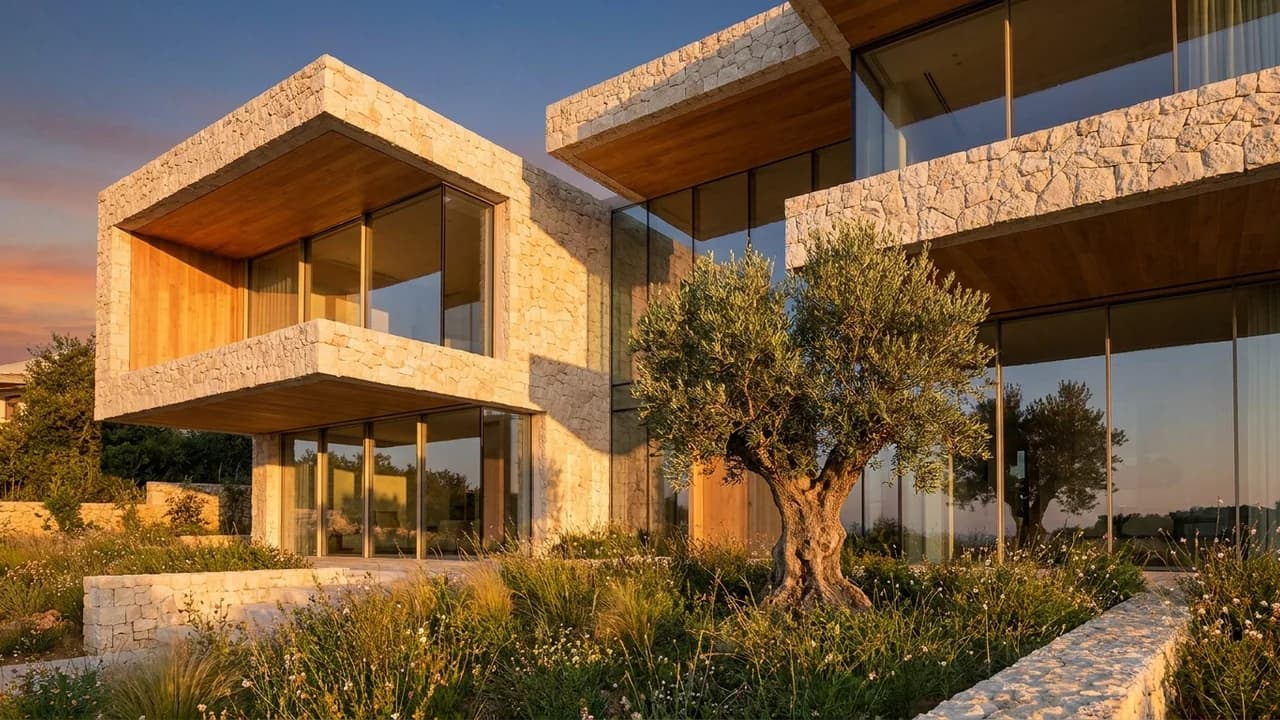 A stone villa with deep timber-lined terraces