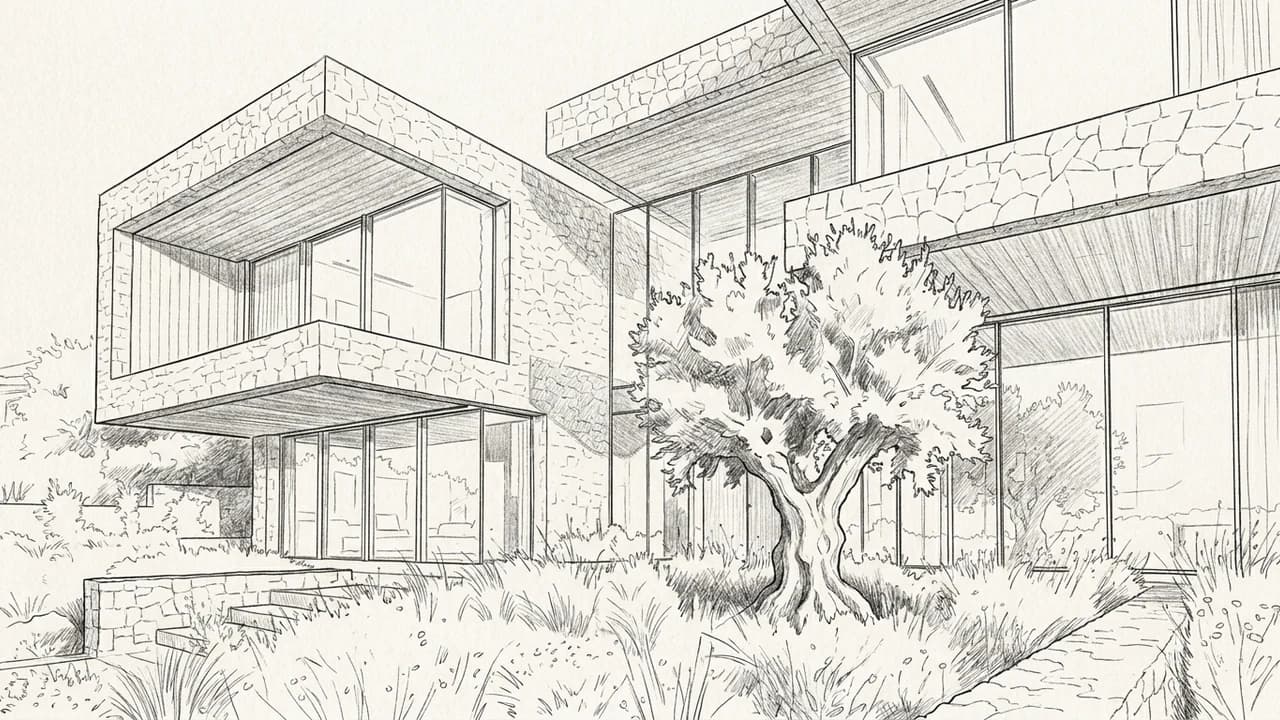 Sketch study: A stone villa with deep timber-lined terraces