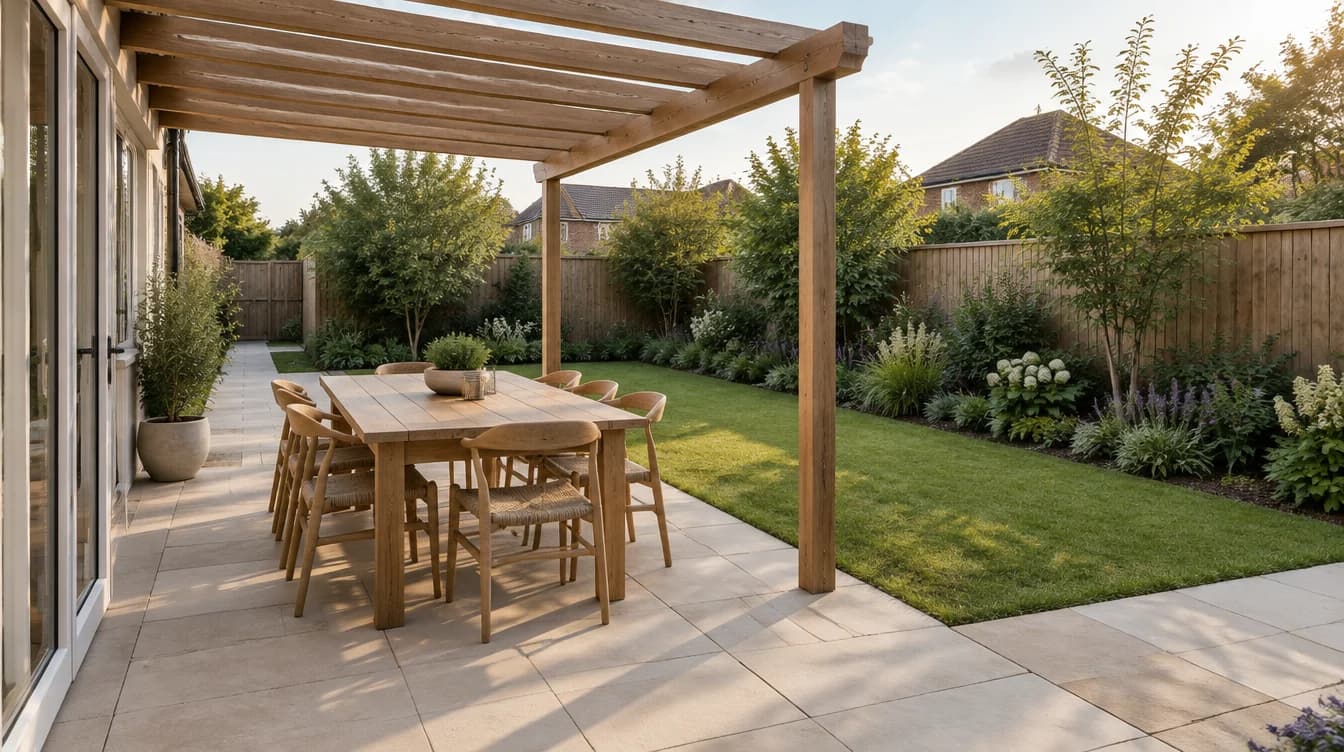 A dining terrace, pergola and separate lawn