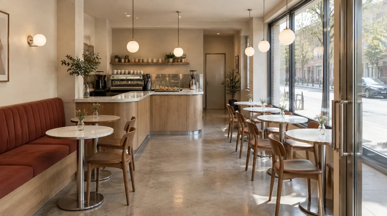 An oak coffee counter and terracotta banquette
