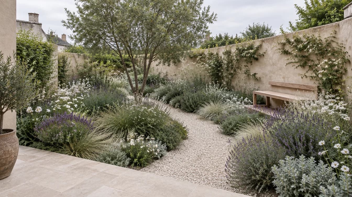 A planted courtyard with a gravel path