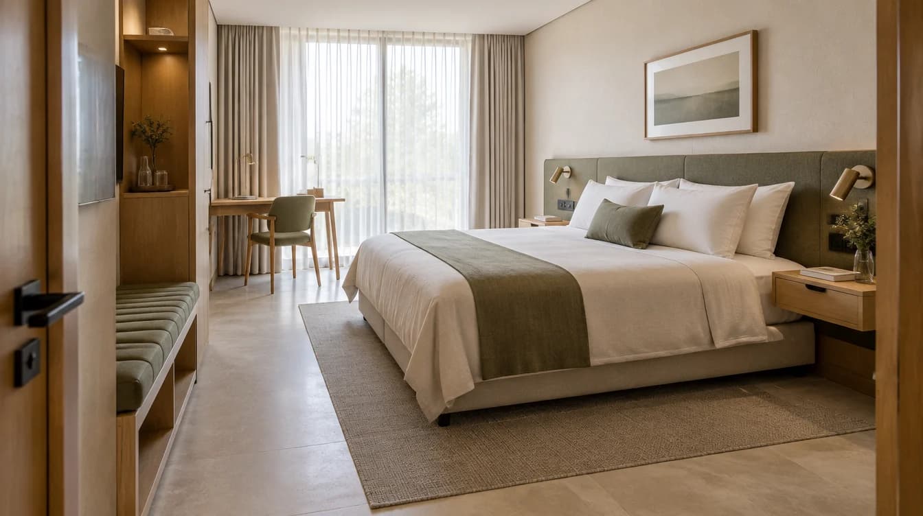 A guest room with integrated bedside lighting