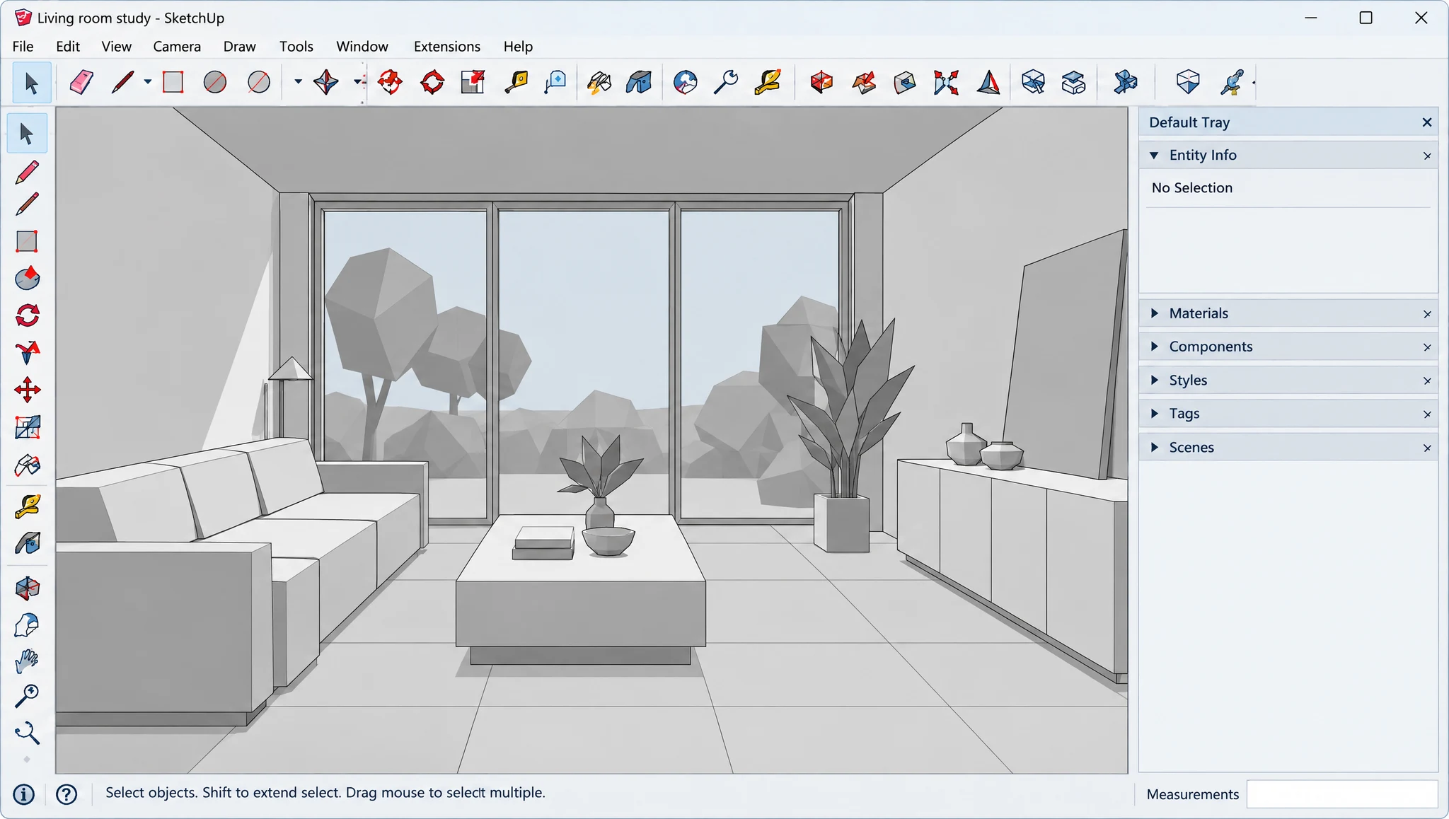 Recreated SketchUp interface showing a living-room model, modeling toolbars and the Default Tray