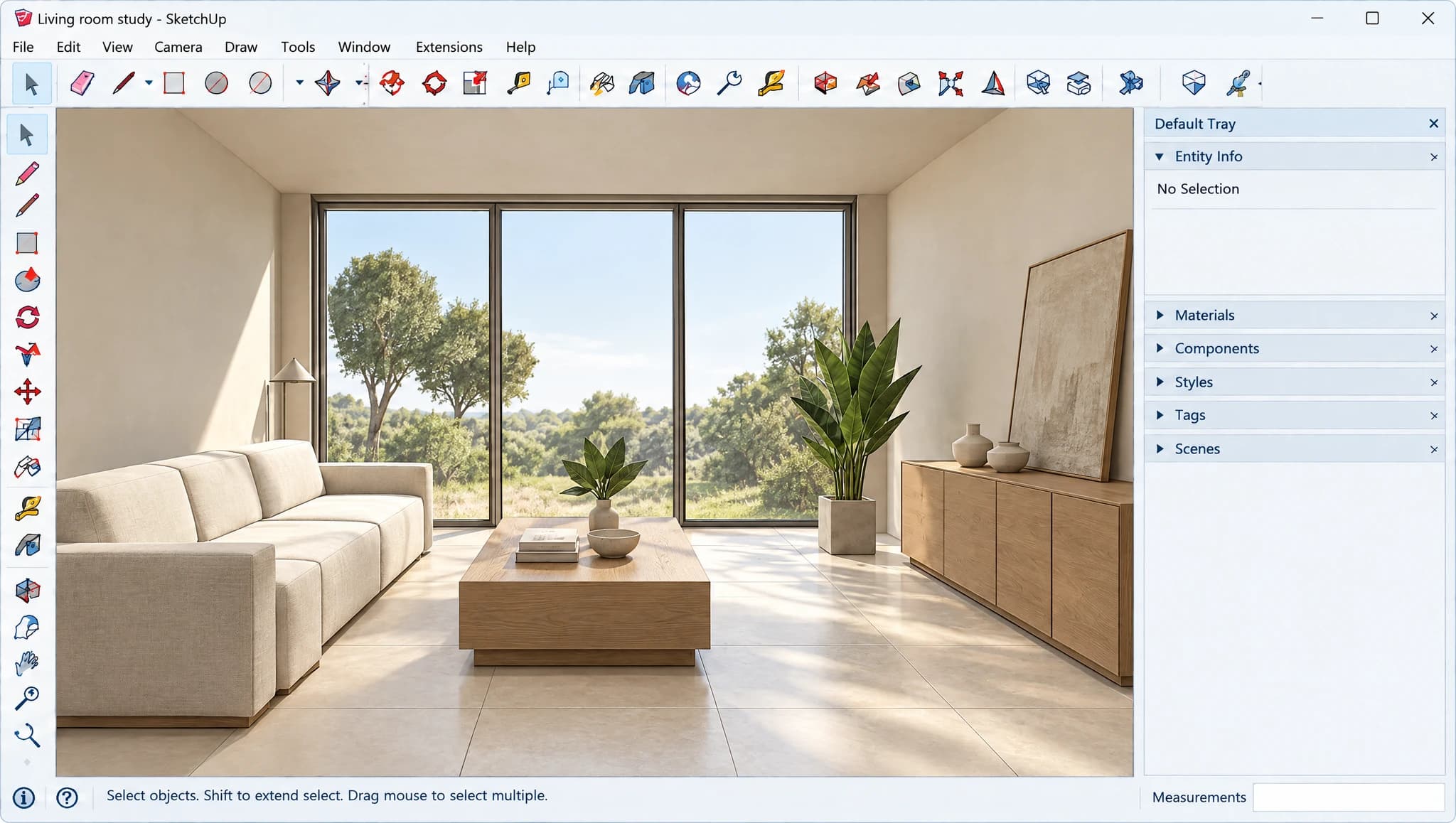 Material rendering of the same room with cream linen, oak and limestone