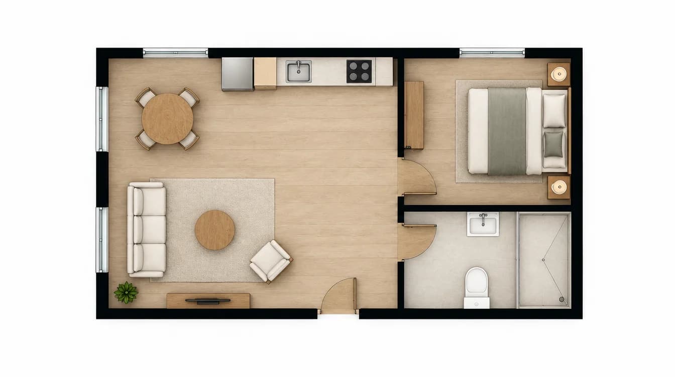 Furnished apartment concept viewed directly from above with a living and dining area, bedroom and bathroom
