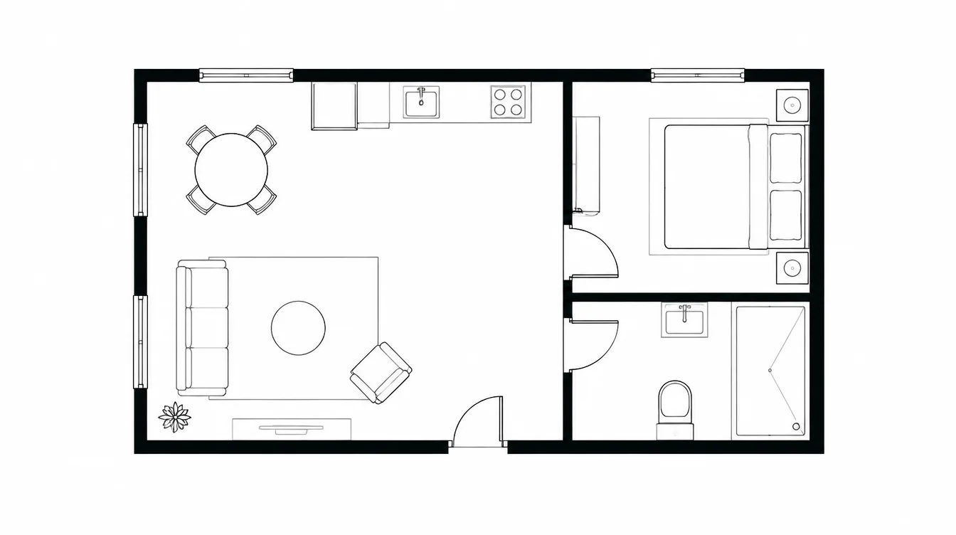 Black and white apartment floor plan showing the living area, bedroom, bathroom and furniture outlines