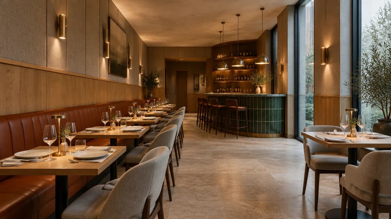 Restaurant interior with russet banquette seating, set dining tables, a green tiled bar and warm pendant lighting
