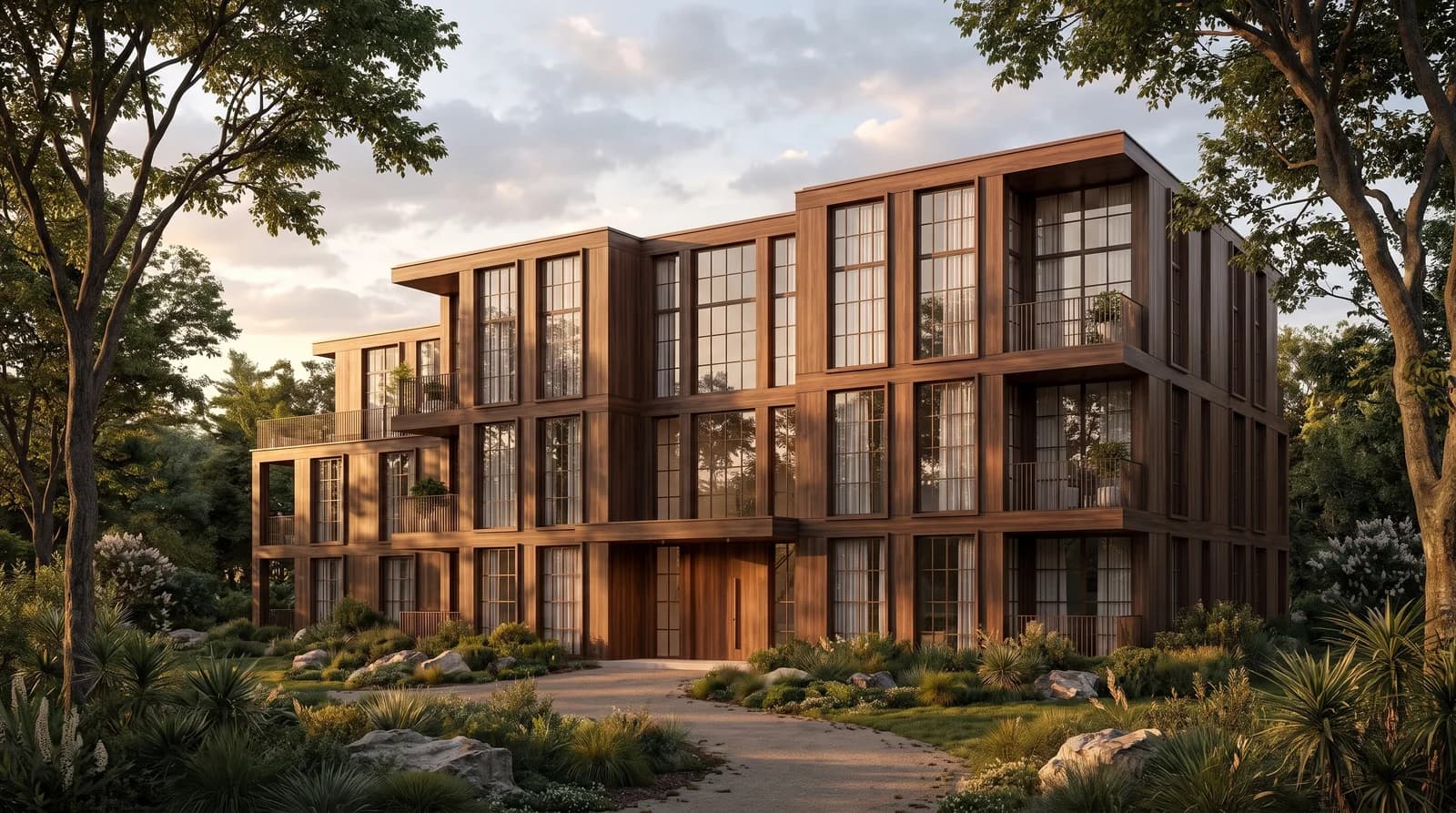 Photoreal AI image of a modern wood-clad house exterior