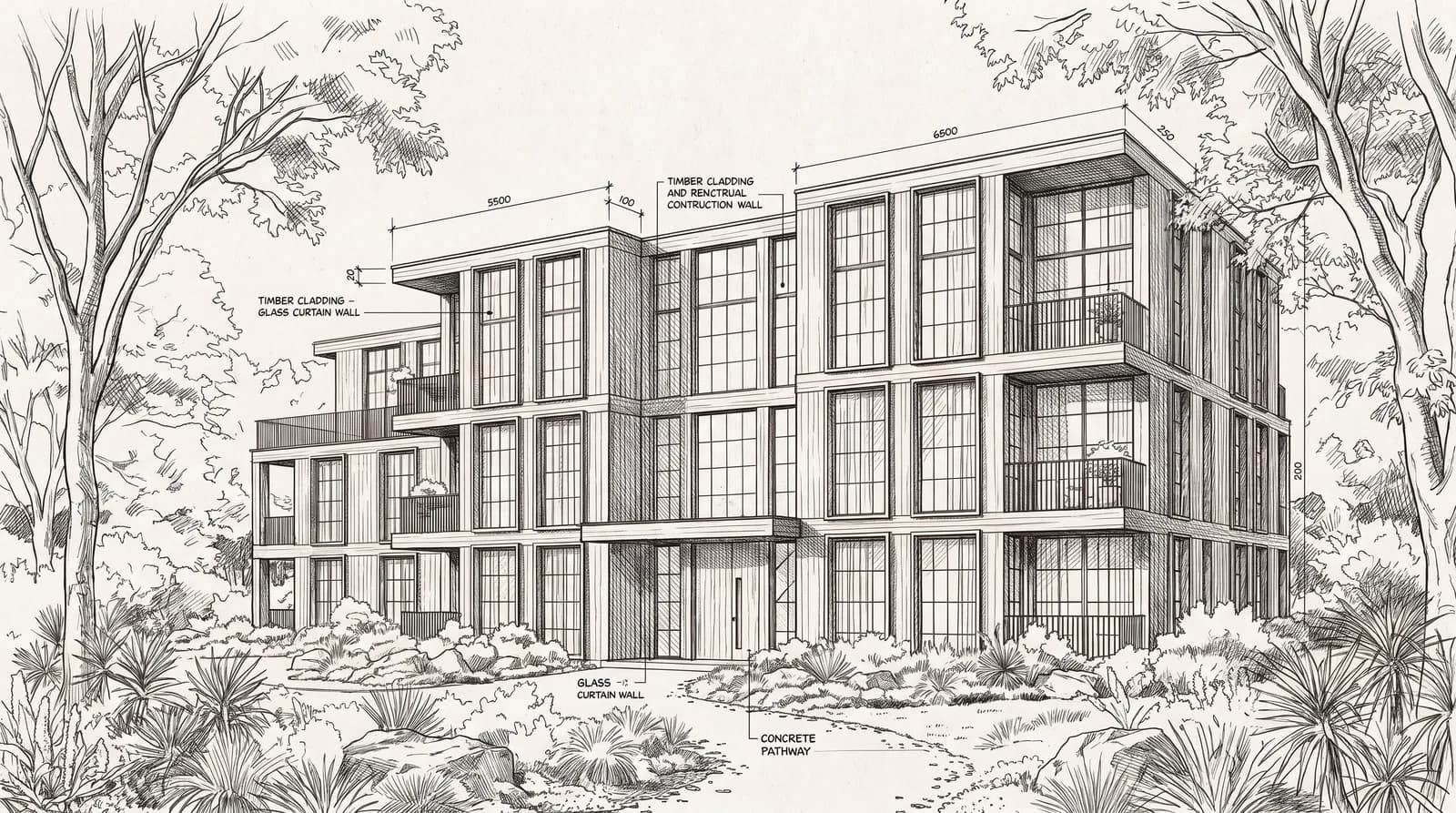 Architectural perspective drawing of a stepped apartment building with tall windows and projecting balconies